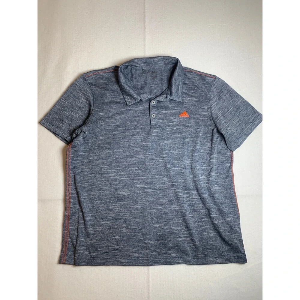 Adidas Mens Large Blue Heather Space Dye Polo Shirt Orange Logo Golf Athletic